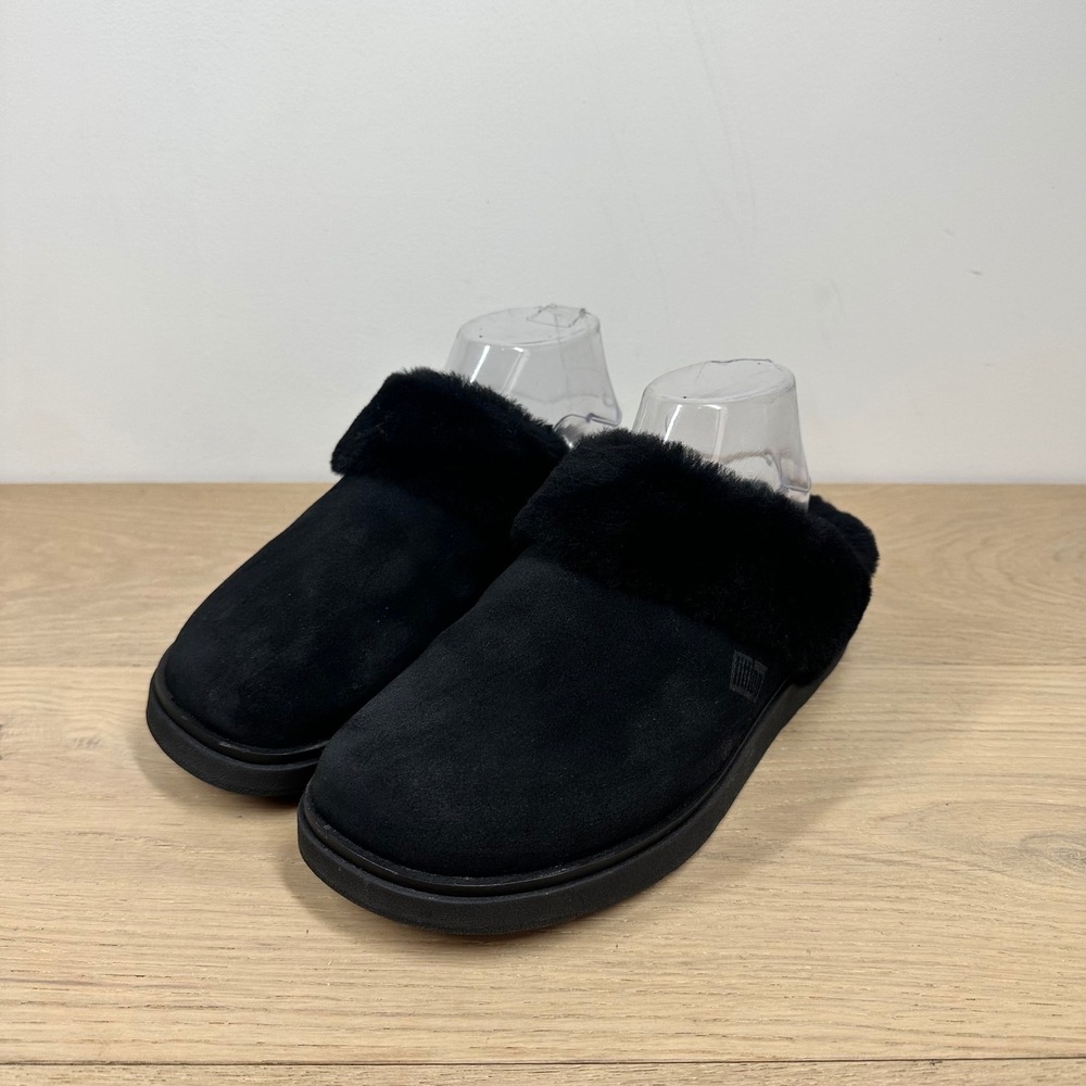 FitFlop Chrissie Slippers Women 8 Black Suede Shearling Mule Clog Comfort Cozy